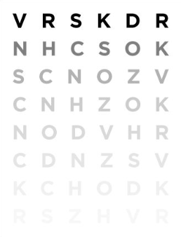 Example of a Pelli-Robson contrast sensitivity chart with large letters that fade by row